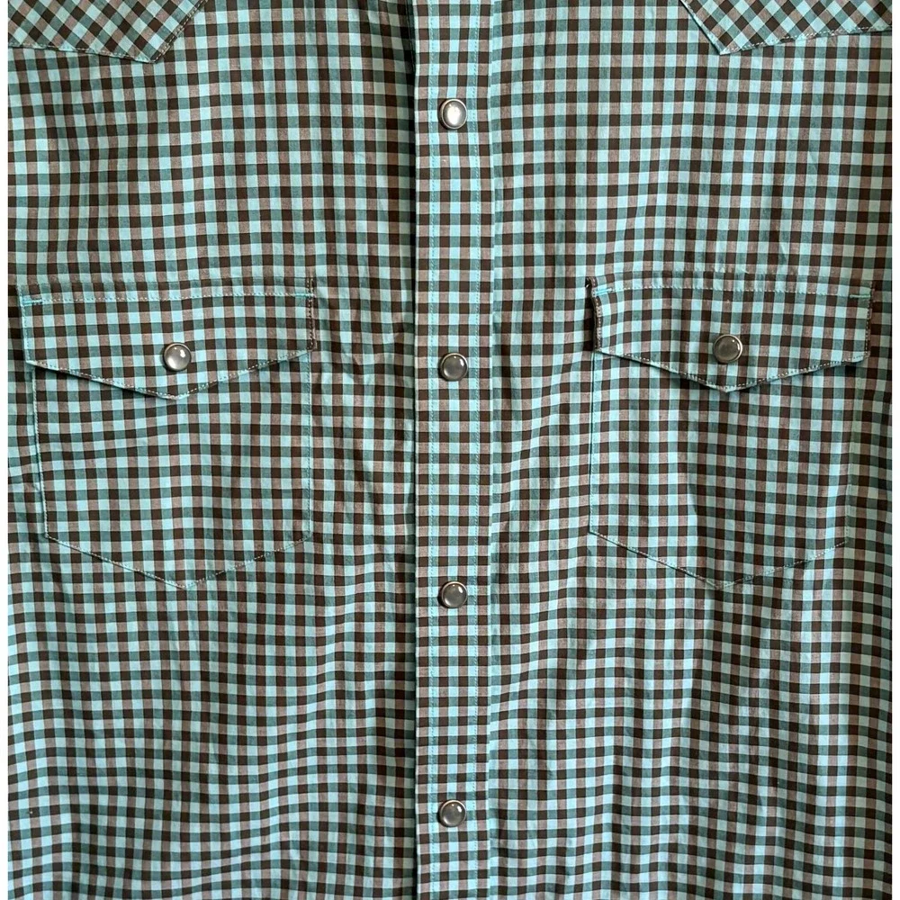 Banana Republic Slim Fit Western Gingham Check‎ Shirt Blue Brown Snap Front M